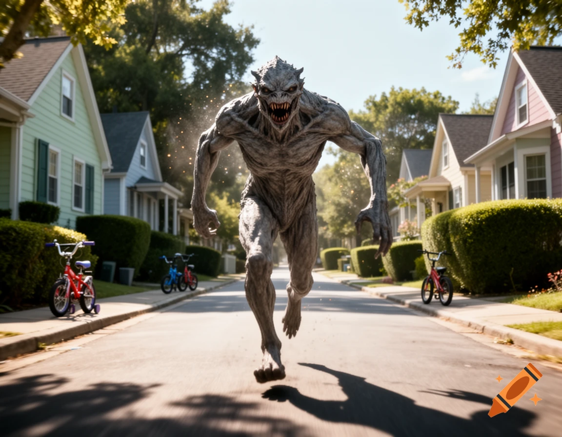 A monstrous, grey creature with sharp teeth and claws runs down a sunny suburban street with houses and bicycles.
