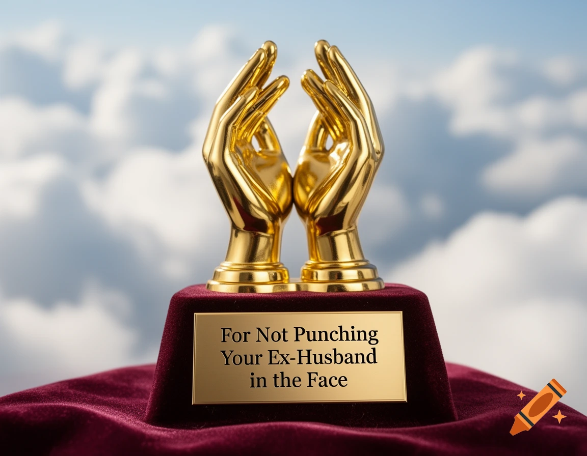 A golden trophy with two hands on a red velvet base, featuring a plaque that reads 'For Not Punching Your Ex-Husband in the Face,' against a cloudy sky.