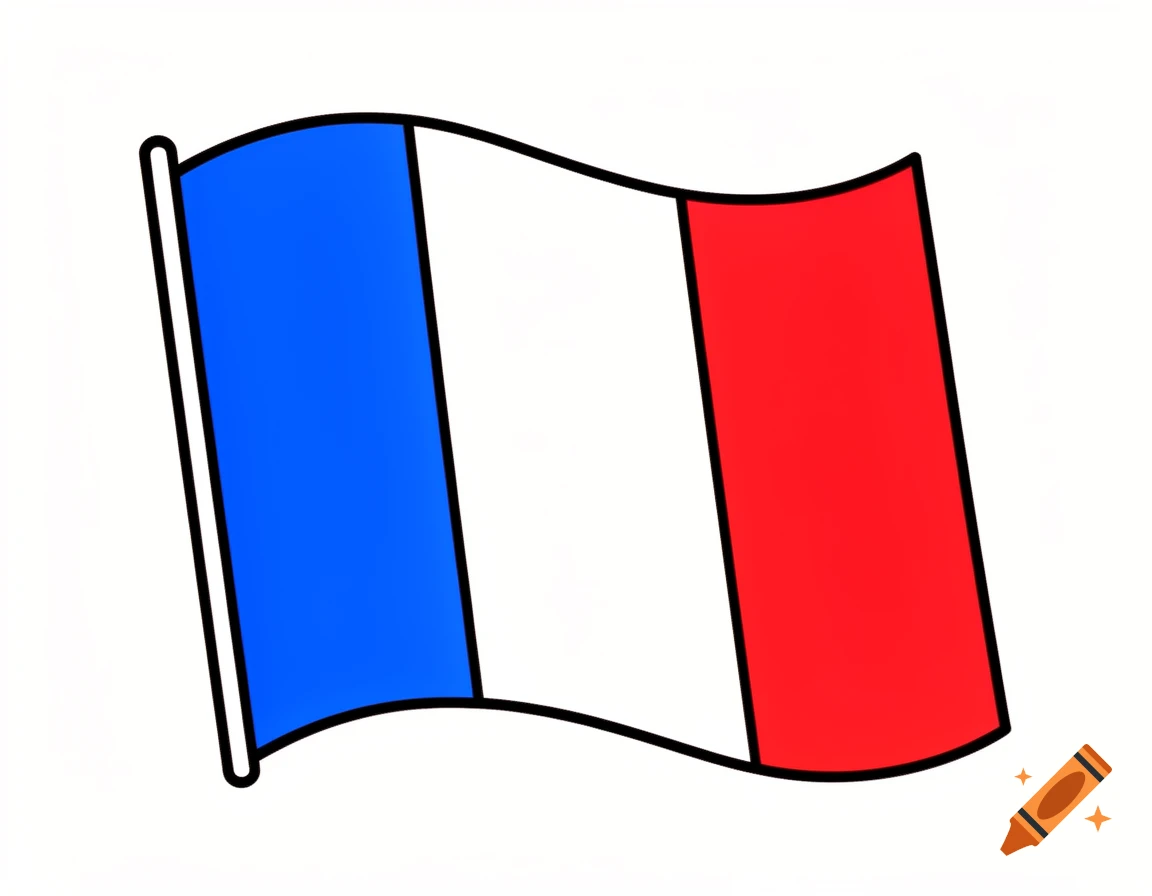 A simple line art cartoon illustration of the French flag, with blue, white, and red vertical stripes, waving on a white background.