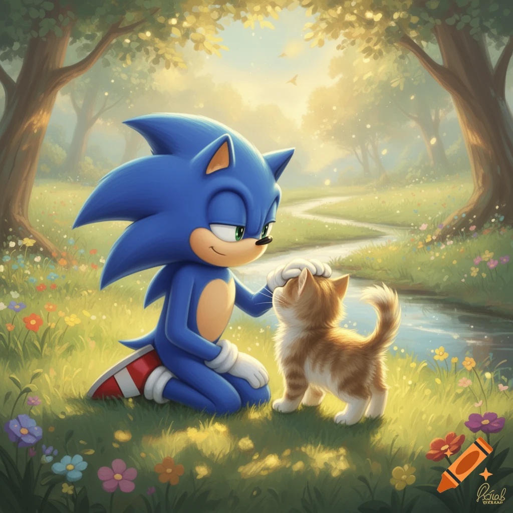 Sonic the Hedgehog kneels in a lush, flowery forest, gently petting a small, striped kitten. The scene is brightly lit with a whimsical, illustrative style.