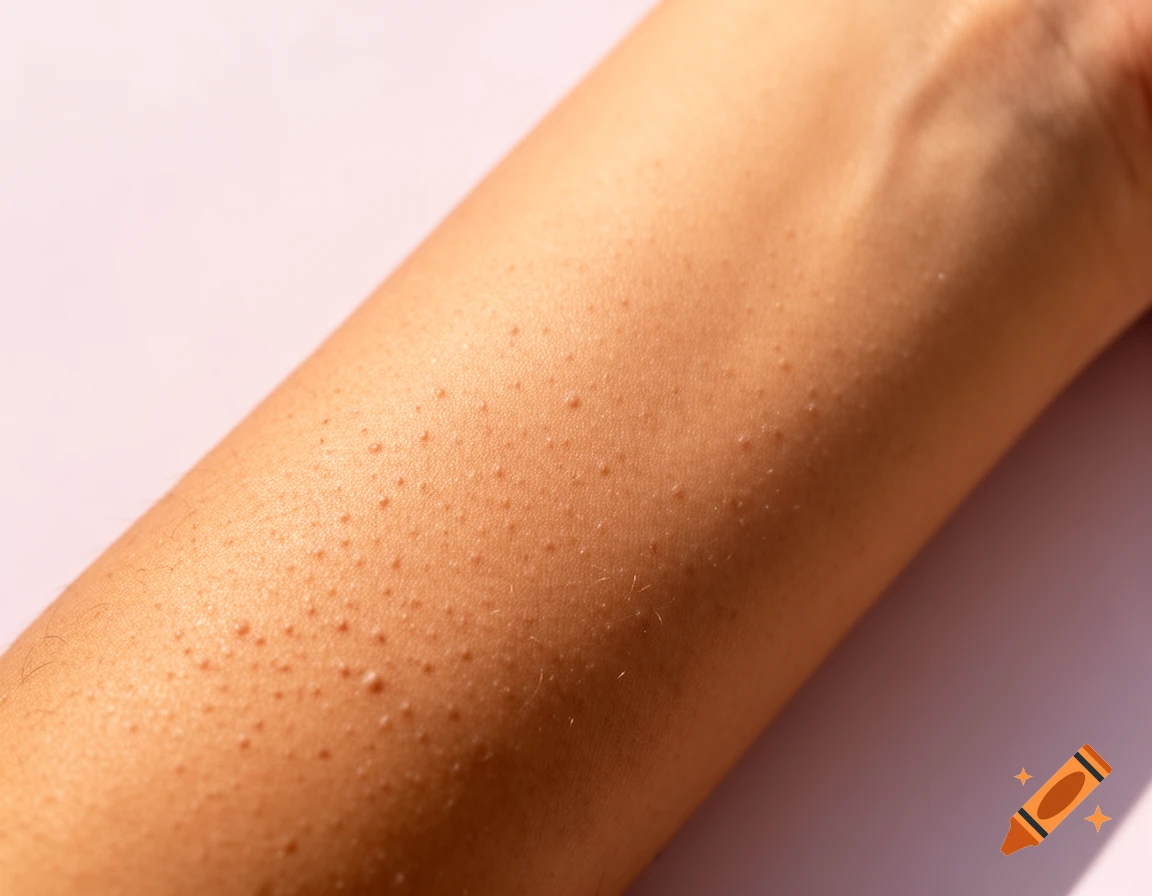 Close-up of human skin on an arm, showing pores and fine hairs against a light background.