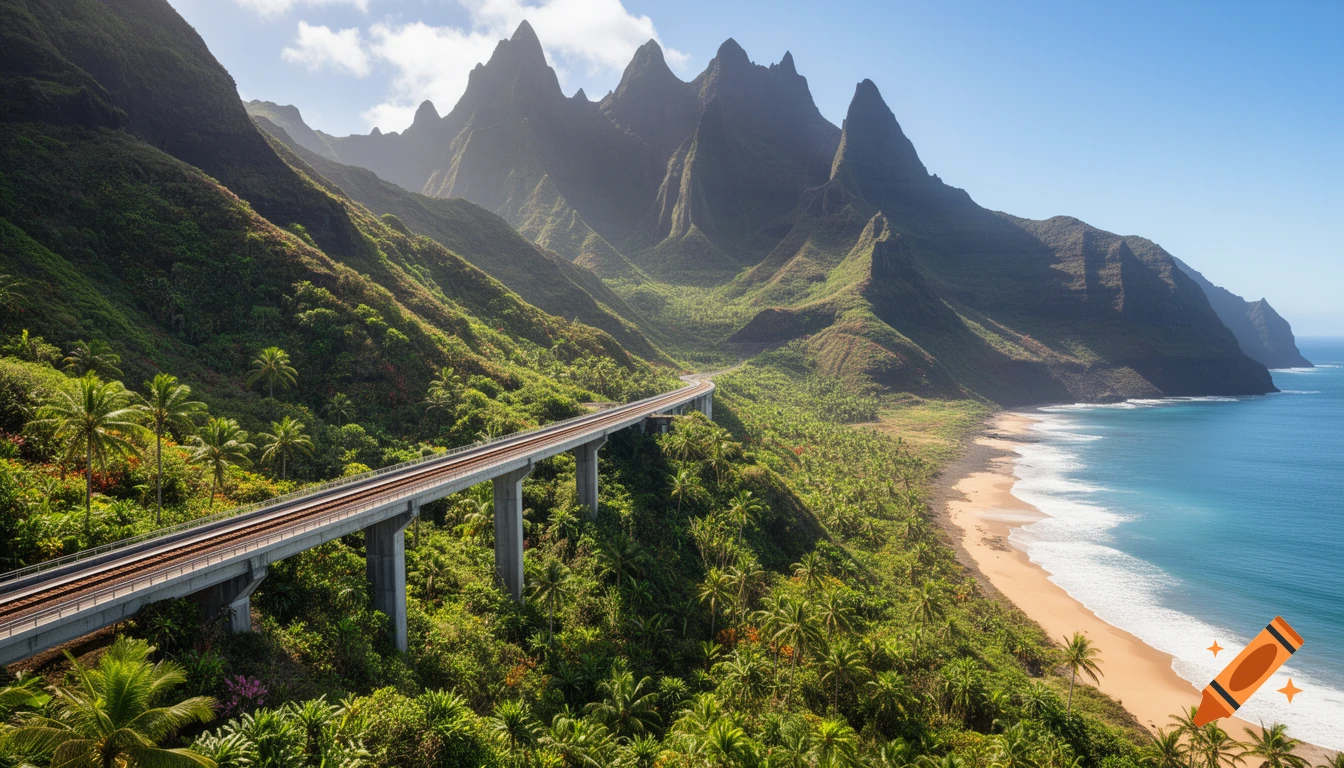 A railway bridge spans a lush green mountainous coastline, with a sandy beach and blue ocean waves under a sunny sky.