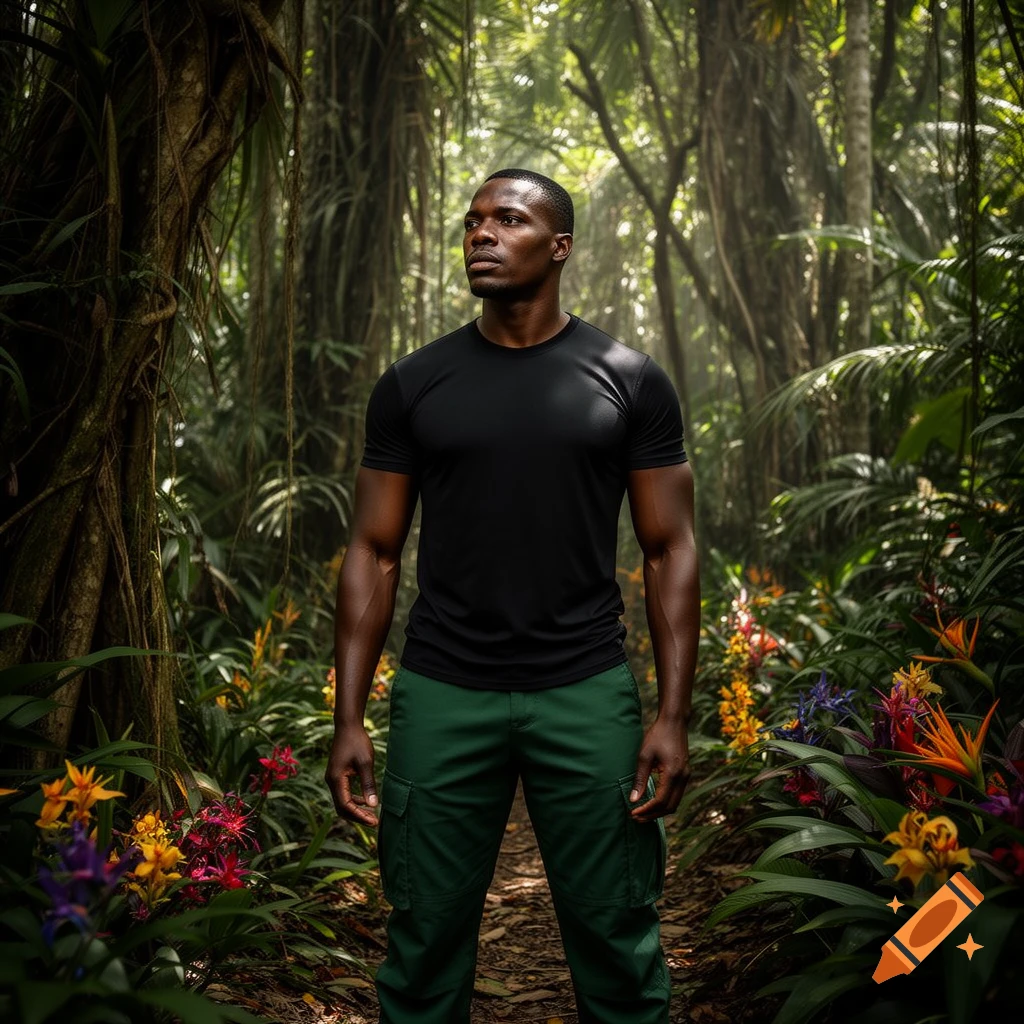 A man in a black t-shirt and green cargo pants stands in a dense, sunlit jungle, looking intently to the side.