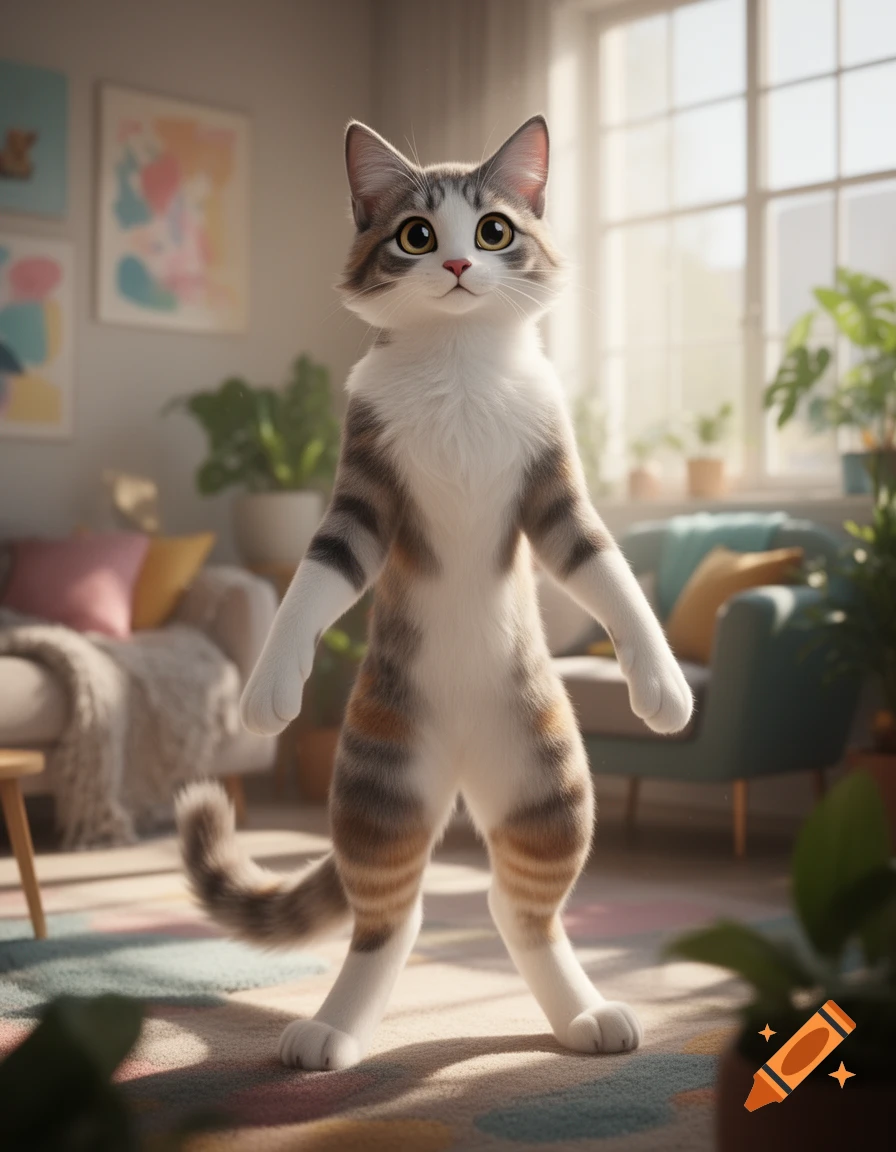 A cute, white, gray, and brown anthropomorphic cat standing upright in a brightly lit living room with plants, stylized realistic digital art.