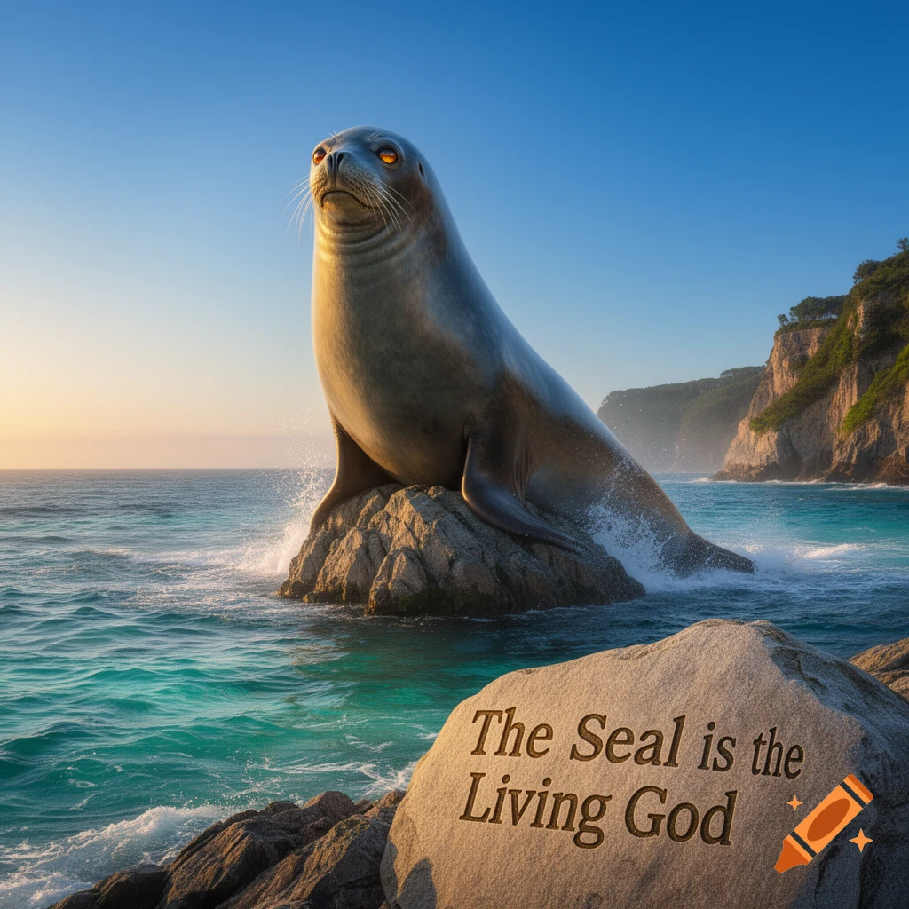A majestic seal sits on a rock in the ocean at sunset, with 'The Seal is the Living God' carved into a foreground rock.