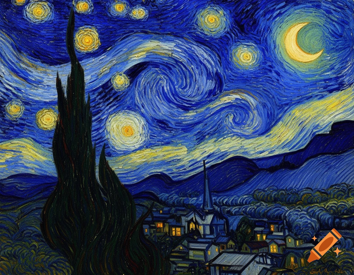 A painting in the style of Van Gogh's Starry Night, showing a cypress tree, a moonlit sky with swirling stars, and a village below.
