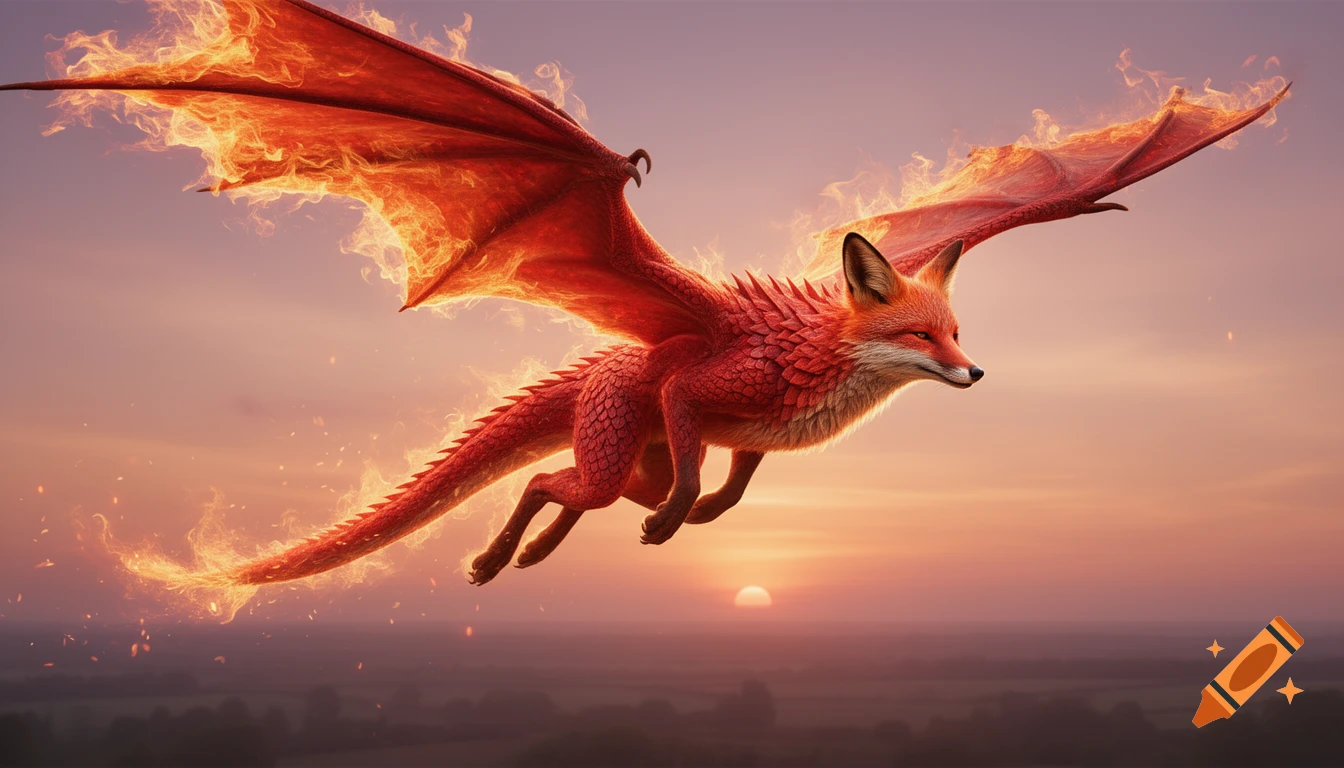A majestic red-scaled fox-like dragon with fiery wings soars through a vibrant sunset sky.