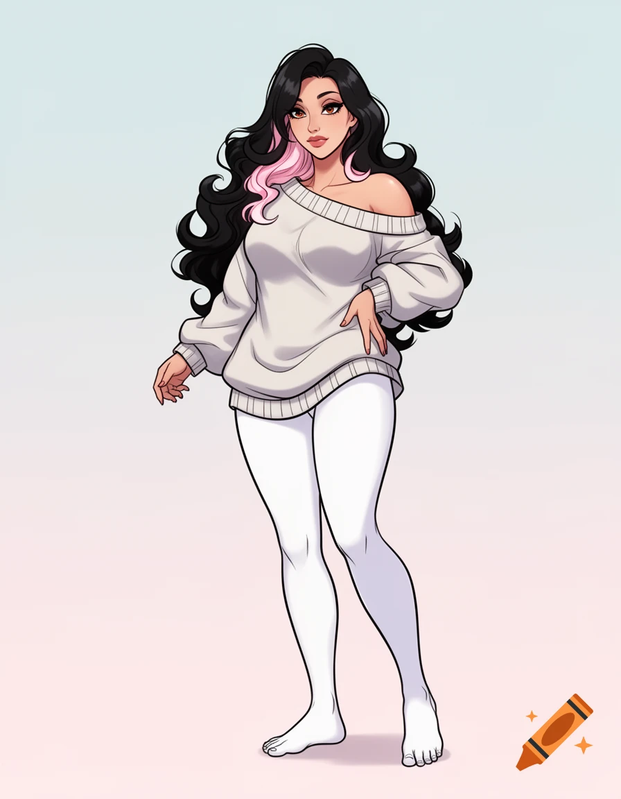 Anime-style female character with black and pink hair, wearing an off-shoulder sweater and white tights, standing barefoot.