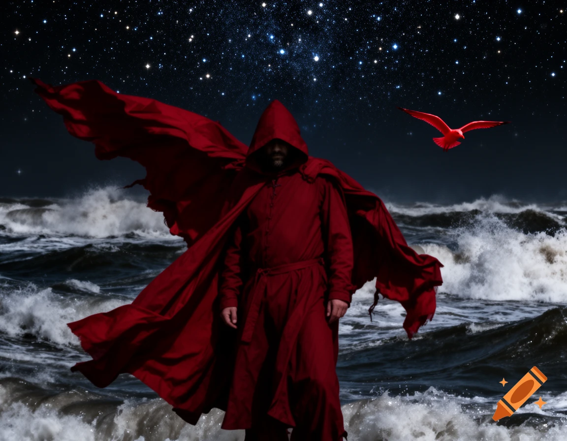 A hooded figure in a flowing red cloak stands against a stormy sea under a starry night sky, with a red bird flying nearby.