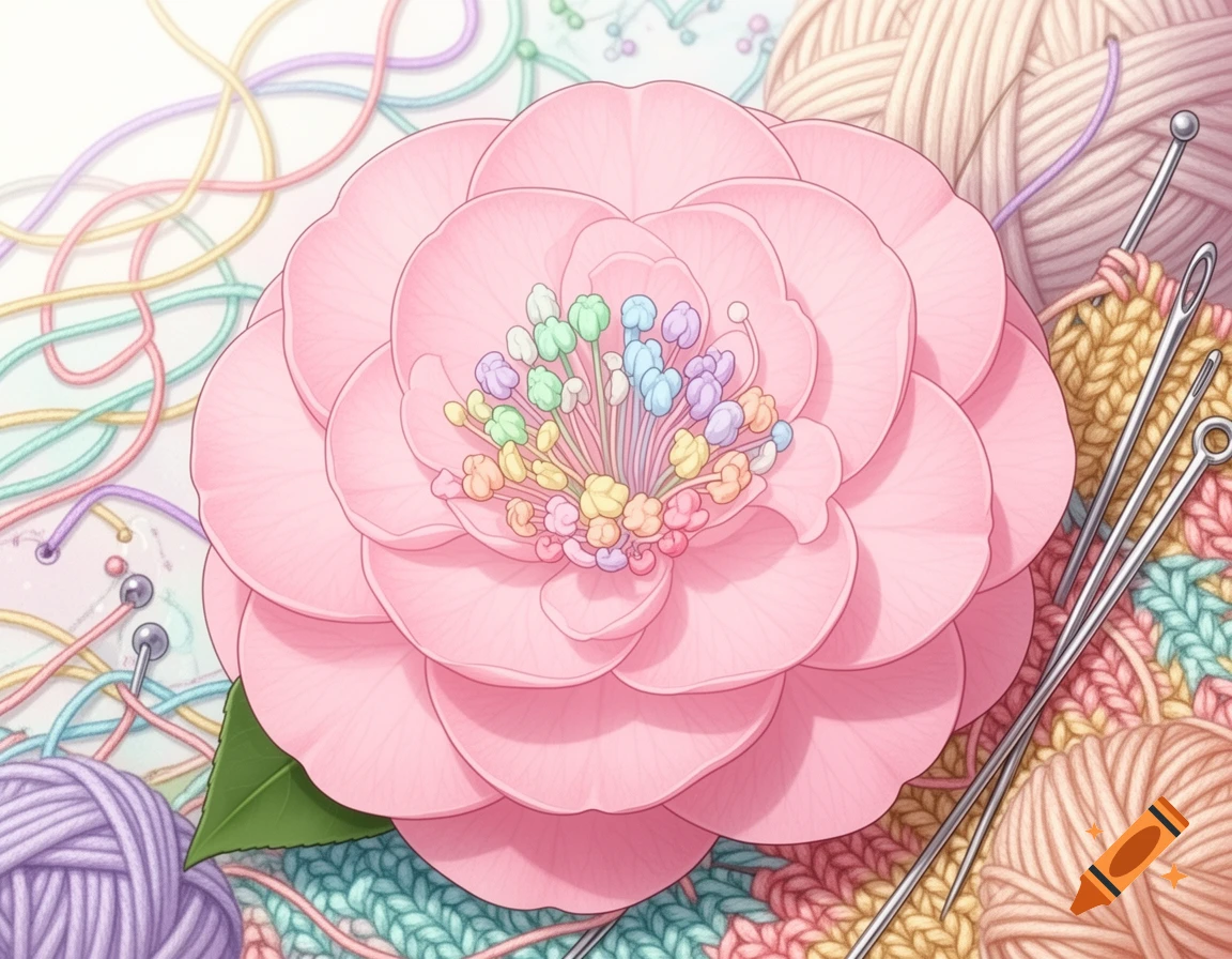 Anime-style pink camellia flower with pastel stamens, surrounded by colorful yarn, knitting needles, and knitted fabric.