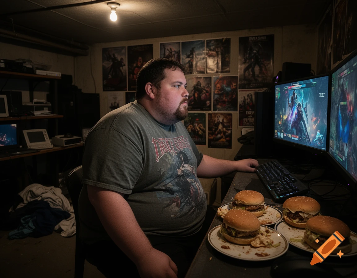 A man with a beard sits at a desk in a dark, messy basement, playing a video game on two monitors while three burgers on plates sit nearby. Posters adorn the wall behind him.