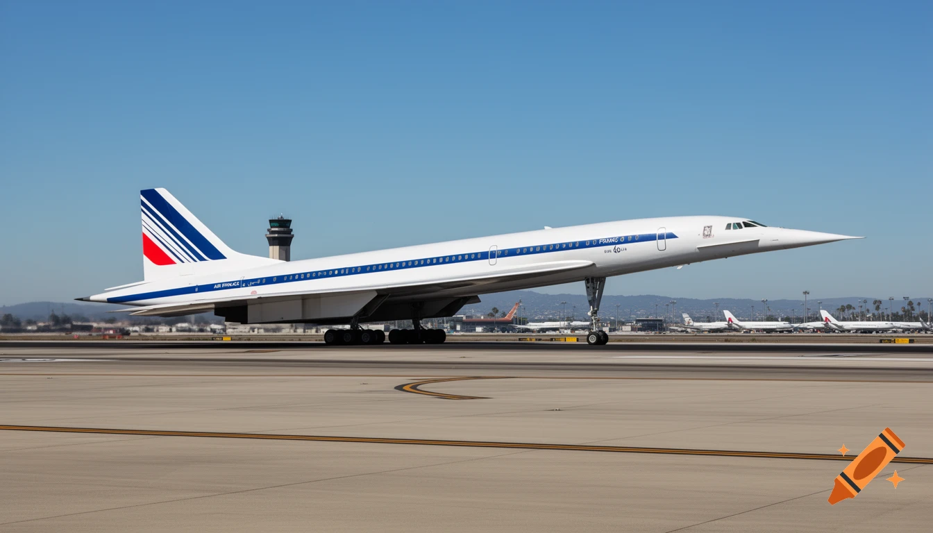 A photorealistic image of a white Air France Concorde airplane with its nose drooped down on a runway at Los Angeles International Airport.