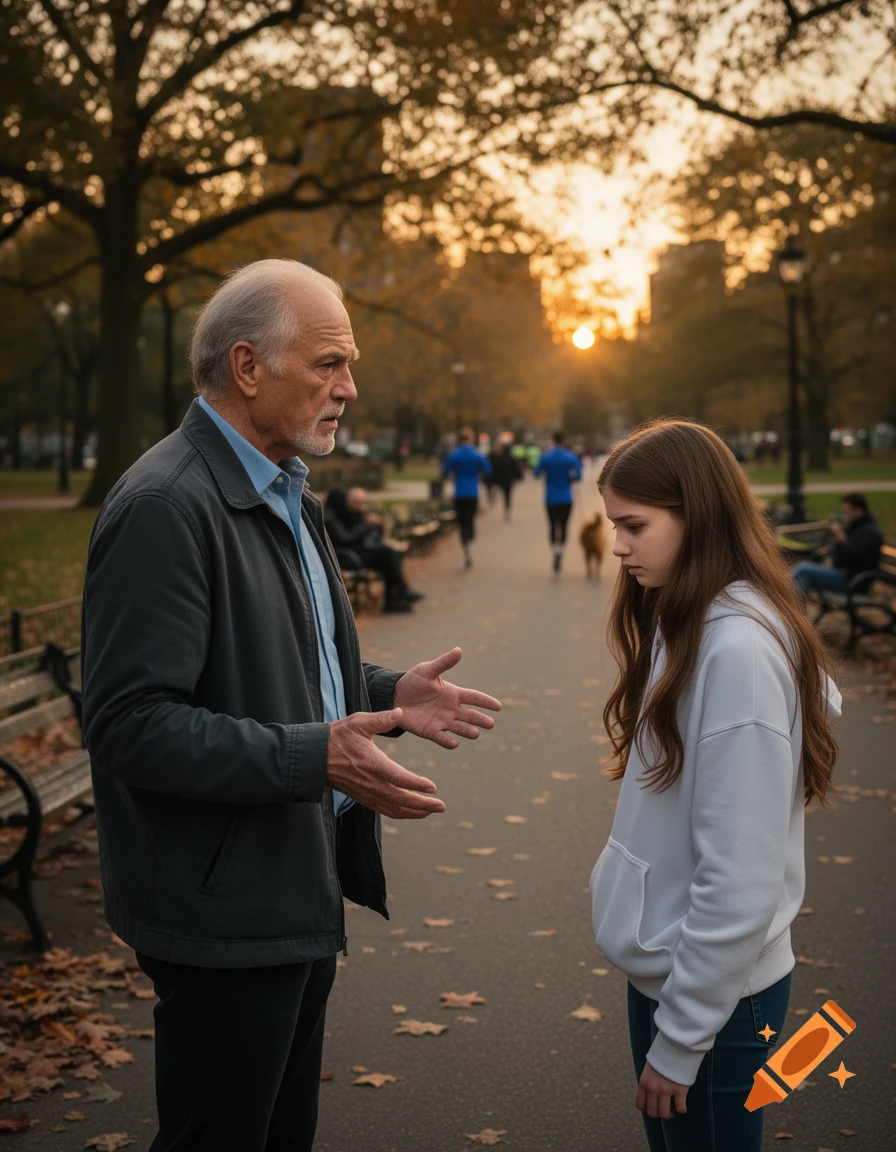 An older man gestures while talking to a sad-looking young girl in a park at sunset.