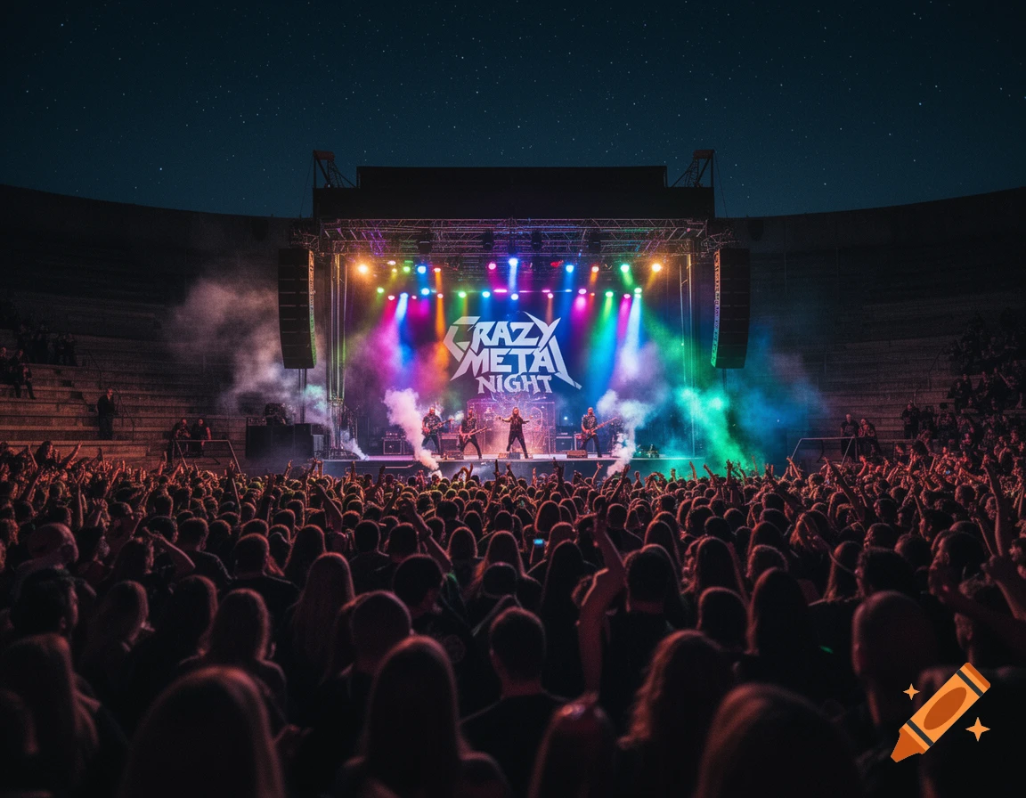 A large crowd attends a metal concert at night, watching a band perform on a brightly lit stage under a starry sky.