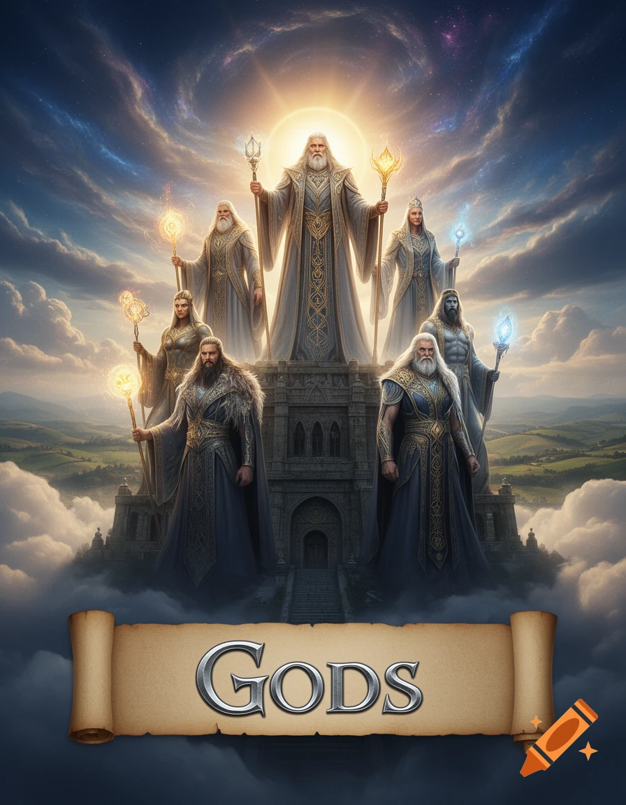 An epic fantasy movie poster showing six robed gods with staffs, standing on a grand structure above clouds, bathed in a celestial glow. A banner at the bottom reads "GODS".