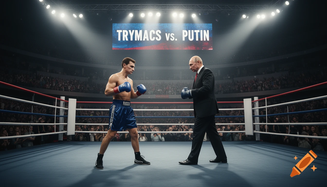 A photorealistic image of a boxer in blue shorts and gloves facing a man in a black suit and gloves in a brightly lit boxing ring, with "TRYMACS VS. PUTIN" displayed on a large screen above.