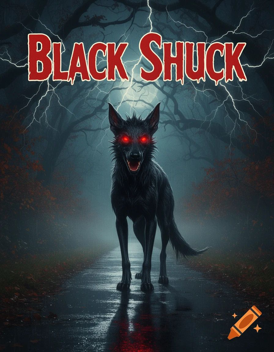 Horror movie poster of a black demon dog with glowing red eyes on a rainy forest path under a lightning-filled sky, titled "BLACK SHUCK".