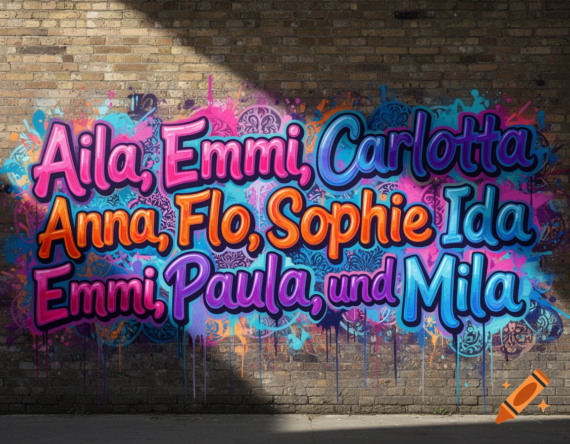 Colorful graffiti with names "Aila, Emmi, Carlotta, Anna, Flo, Sophie, Ida, Emmi, Paula, und Mila" on a brick wall, with spray paint drips.