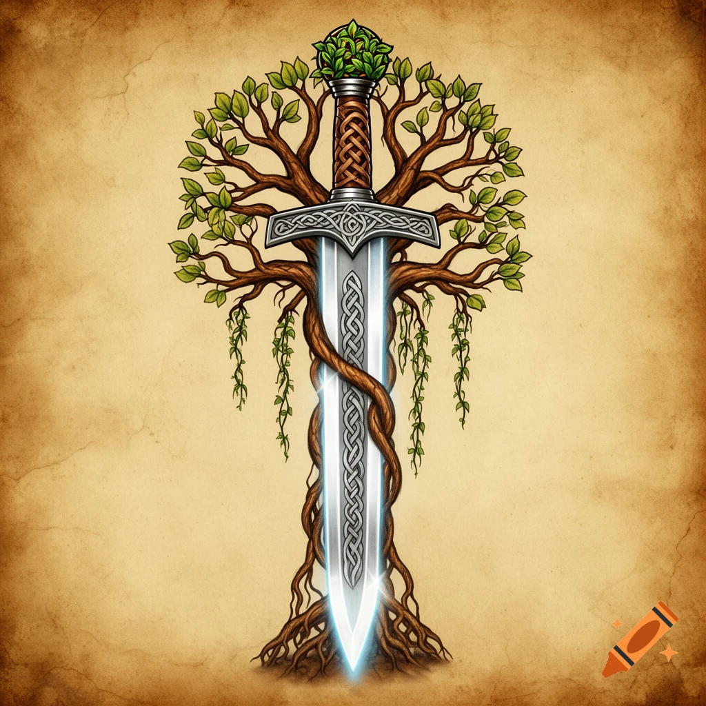 Stylized illustration of a shining Celtic sword entwined within a green tree, against a textured parchment background.