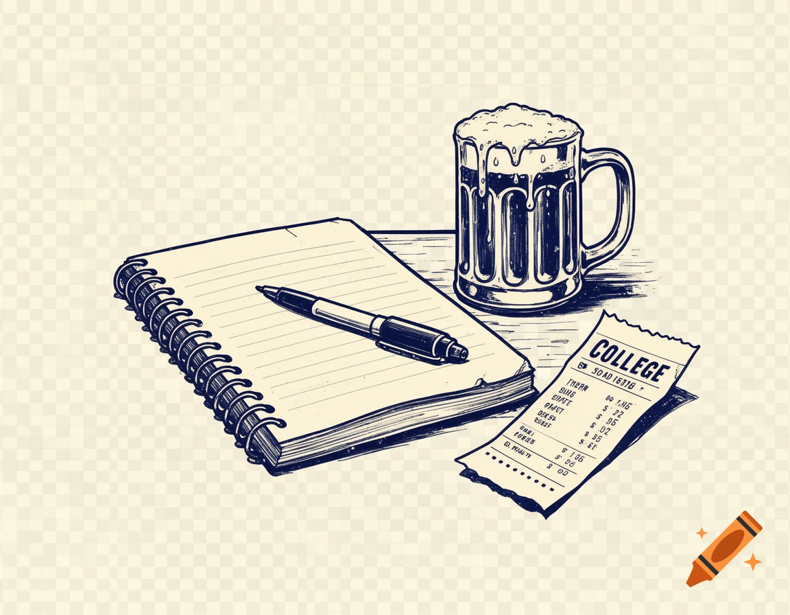 Vintage hand-drawn illustration: an open spiral notebook with a pen, a beer mug, and a college receipt.