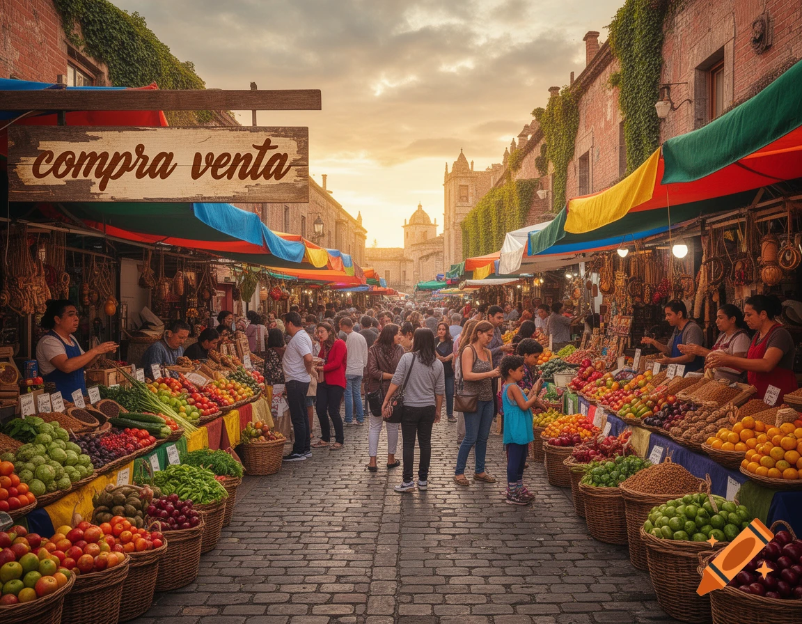 A bustling outdoor market at sunset, with people browsing vibrant stalls filled with fruits and vegetables on a cobblestone street.