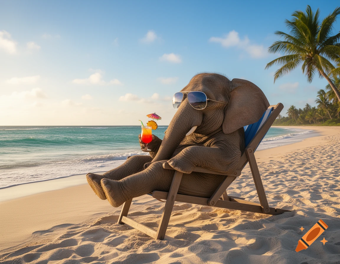 A photorealistic elephant wearing sunglasses, relaxing in a blue lounge chair on a sunny tropical beach, holding a colorful cocktail.