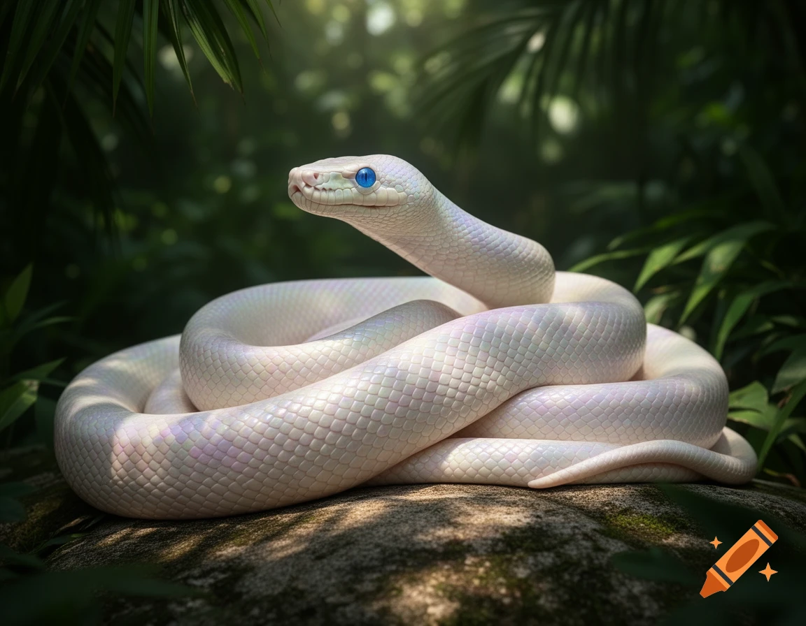An albino python with vibrant blue eyes and iridescent scales coiled on a rock in a lush, dappled jungle environment.