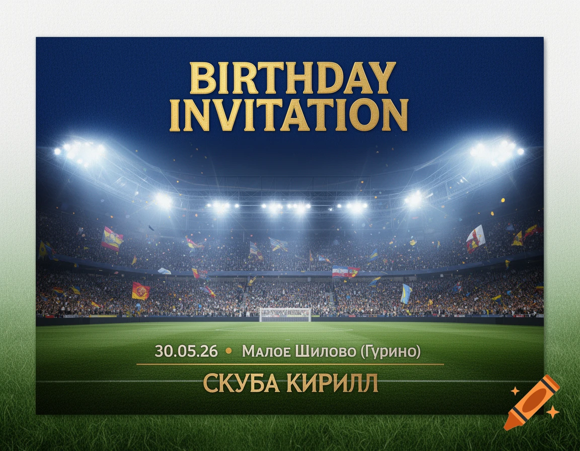 A gold-lettered birthday invitation card set against a vibrant football stadium with a date, location, and name.