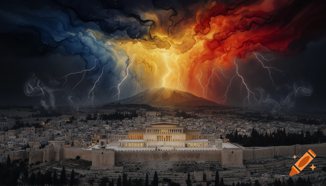 Ancient Jerusalem with the Second Temple under a dramatic, multicolored sky with lightning and a glowing mountain, in a mixed-media style.