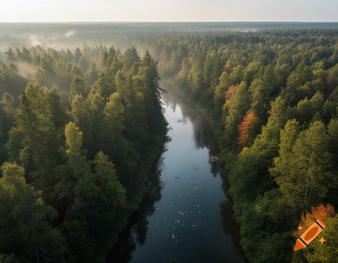 Aerial view of a winding river flowing through a dense, misty forest under a bright sky, with hints of autumn foliage.