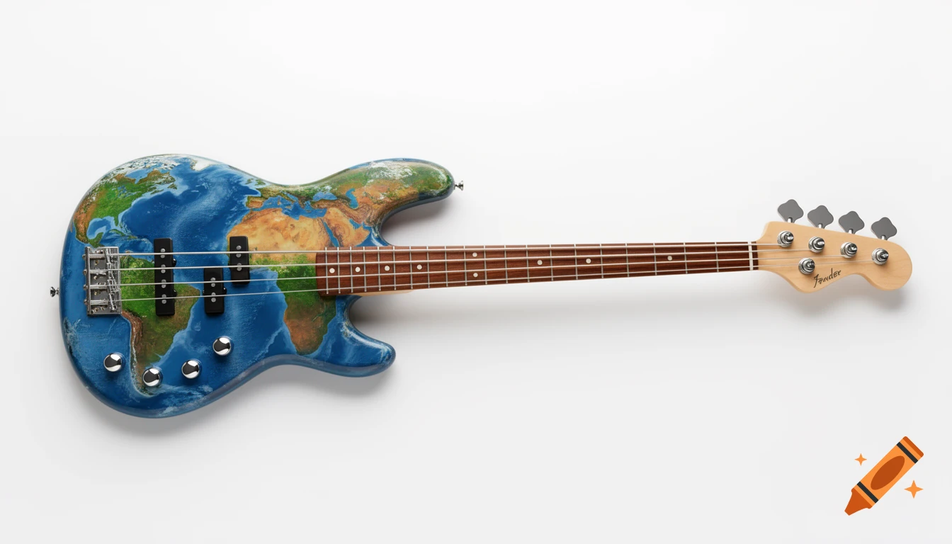 Photorealistic four-string bass guitar with a map of the Earth on its body, against a white background.