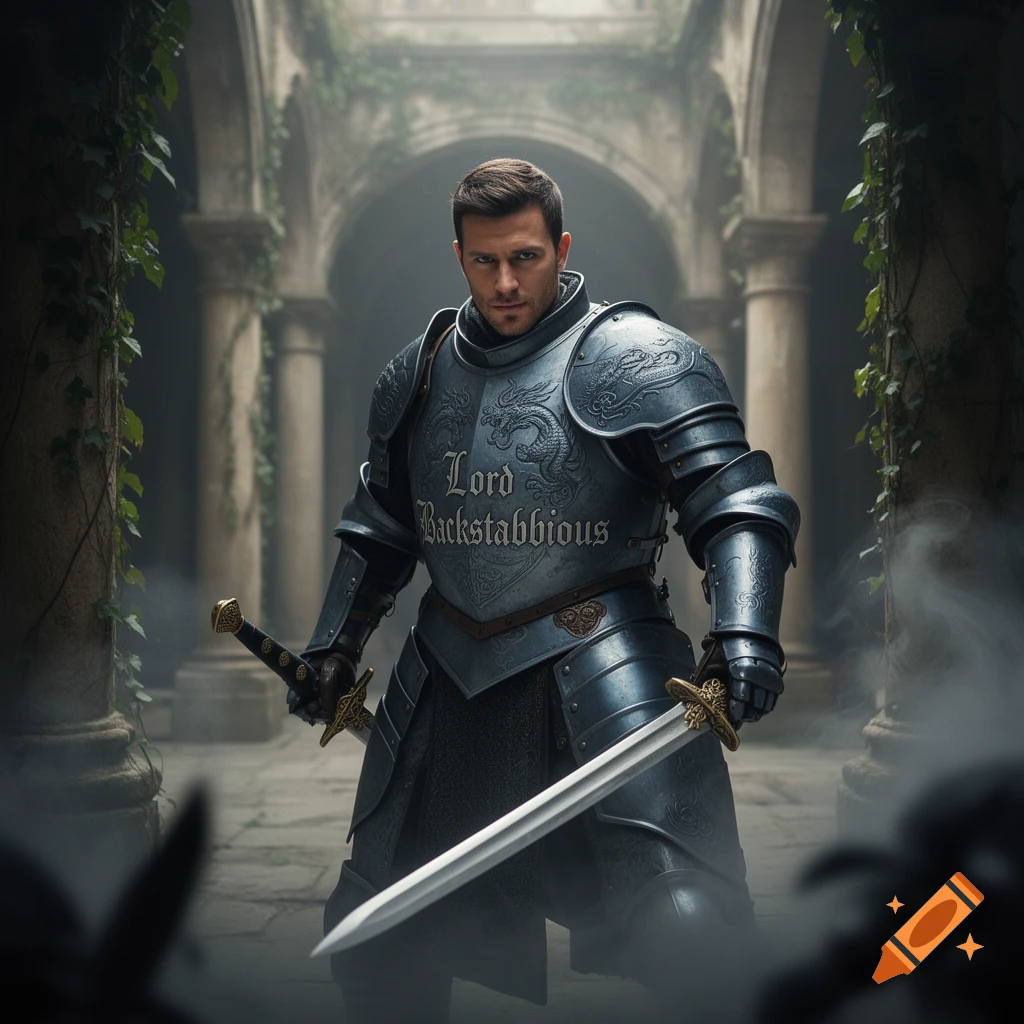 A man in ornate grey armor holding two swords stands in a misty, vine-covered archway, looking sternly forward.