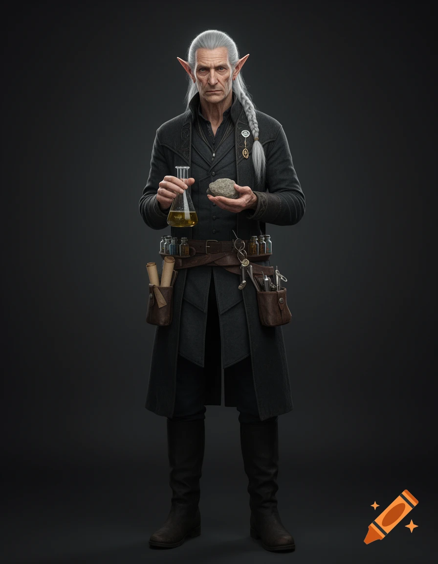 Photorealistic portrait of an older male elf scholar-apothecary with silver hair, holding a flask and a stone, standing against a dark backdrop.