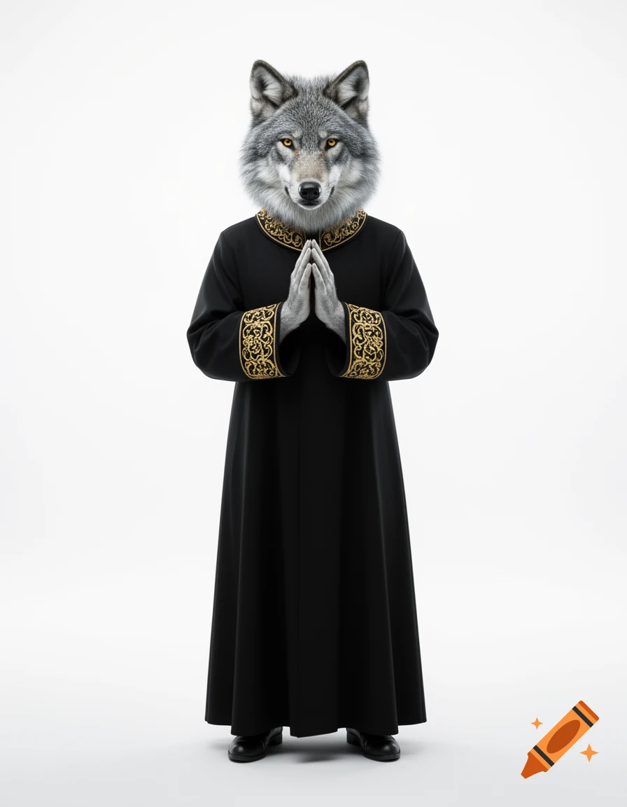Photorealistic anthropomorphic wolf dressed in a black priest's robe with gold embroidery, hands clasped in prayer, on a white background.