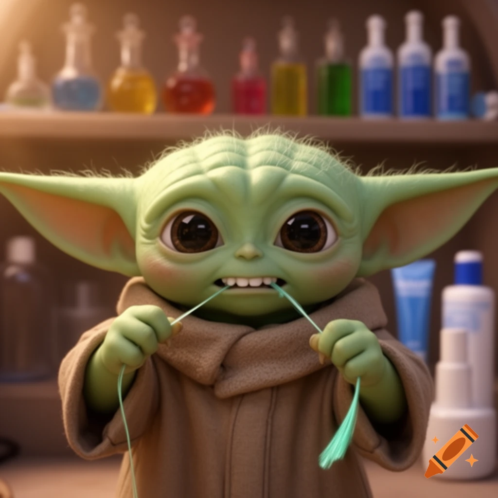 A cartoon-style Grogu from Star Wars carefully flosses his teeth with green floss, with colorful science bottles in the background.