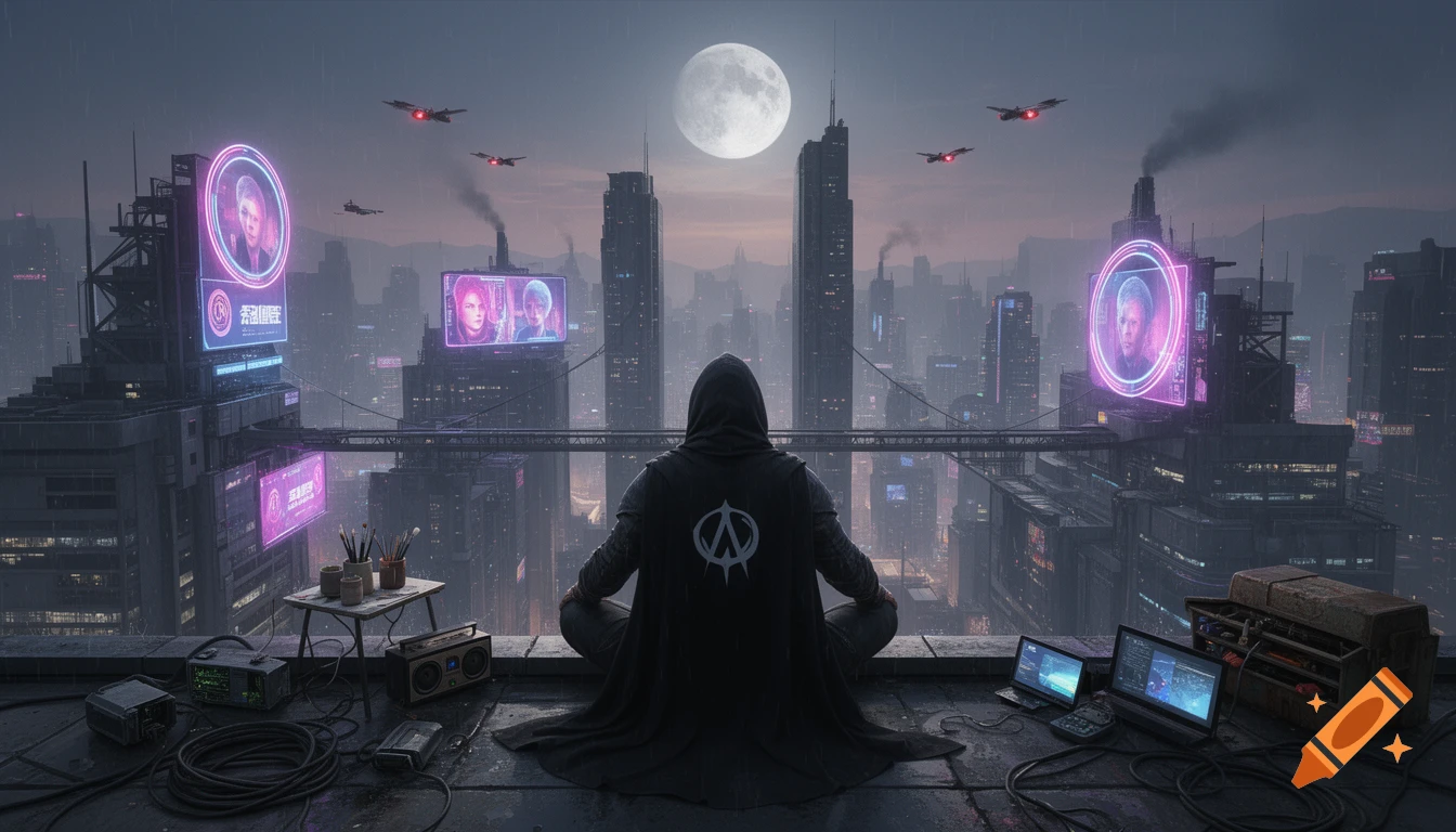 A hooded figure in a black cape sits on a high-rise rooftop, gazing at a sprawling dystopian cyberpunk city at night under a full moon.