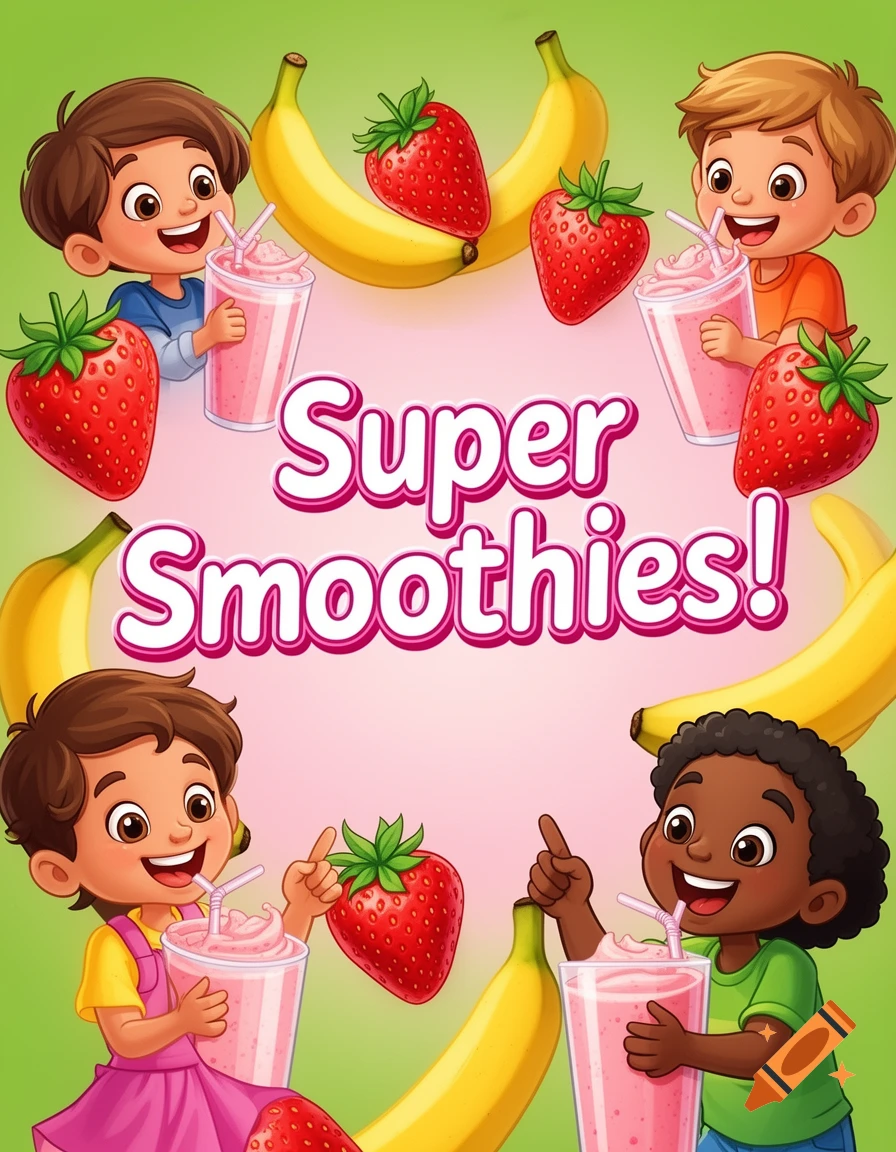 A colorful cartoon poster for 'Super Smoothies!' features four happy children drinking pink smoothies, surrounded by strawberries and bananas.
