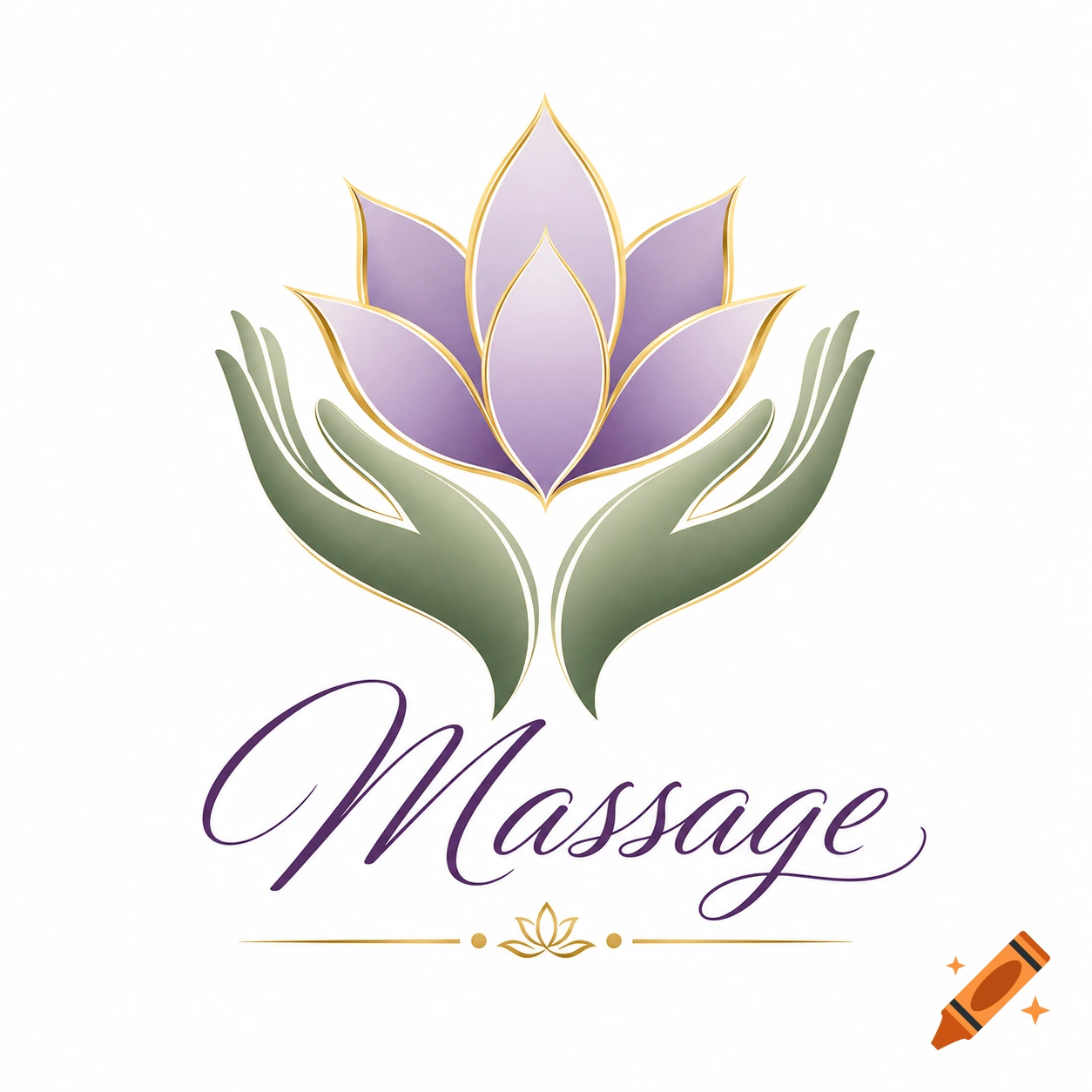Stylized logo with two green hands holding a purple and gold lotus flower, with the text 'Massage' written below.