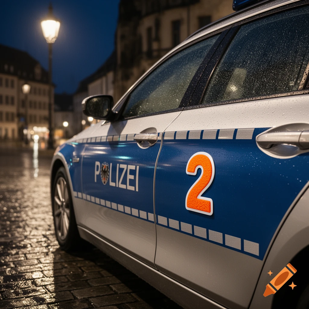 Close-up of a wet German police car with 'POLIZEI' and an orange '2' on its side, parked on a cobblestone street at night.