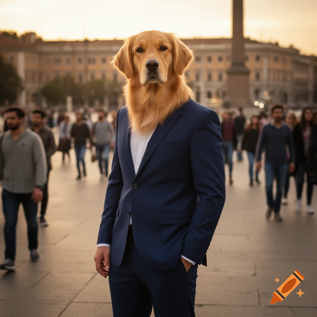 Photorealistic image of a golden retriever head on a man in a blue suit, standing in a blurred city square at dusk.