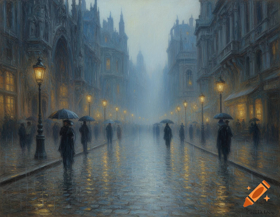 Impressionistic oil painting of a rainy European city street at night, with people holding umbrellas, glowing streetlights, and wet reflections.
