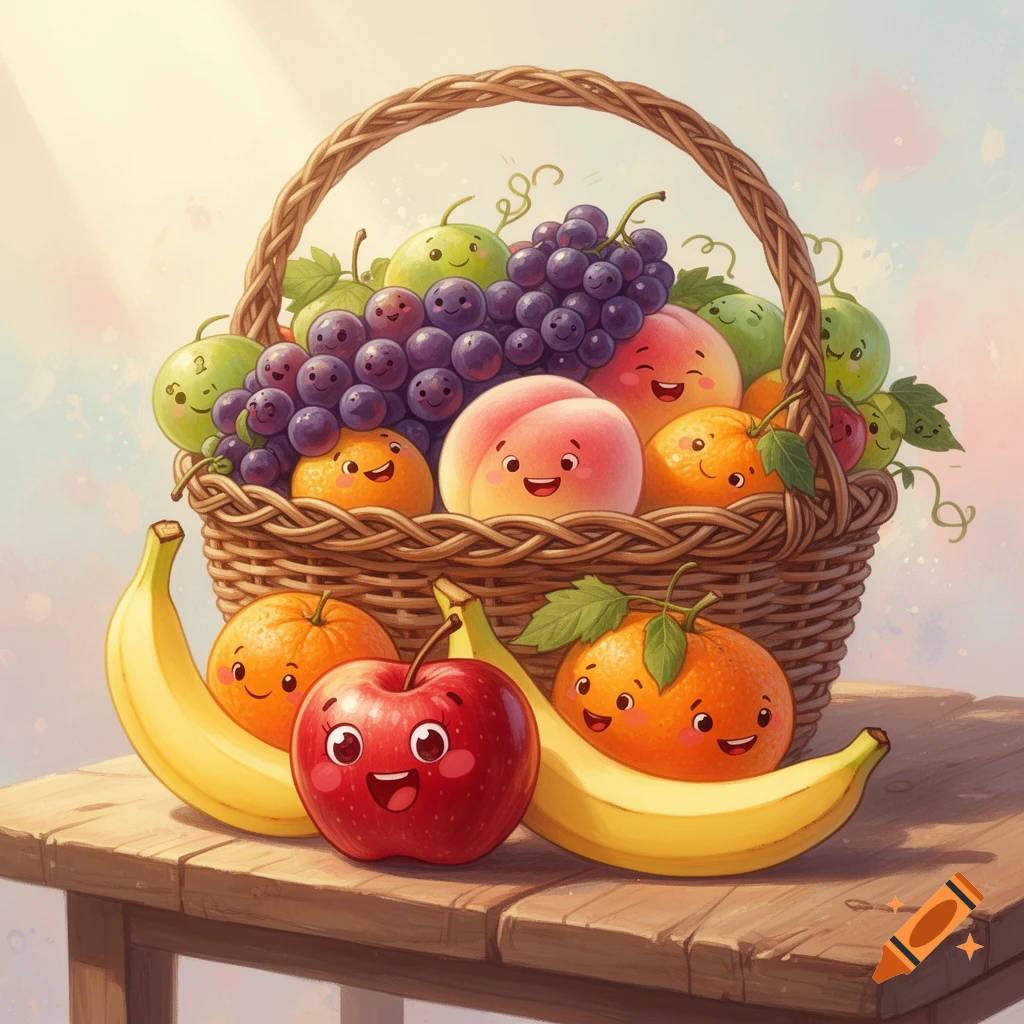 A cartoon fruit basket brimming with smiling grapes, peaches, oranges, apples, and bananas on a wooden table.