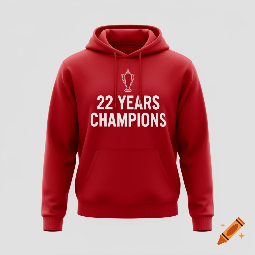 Red hoodie with white '22 YEARS CHAMPIONS' text and a trophy graphic on a clean white background.