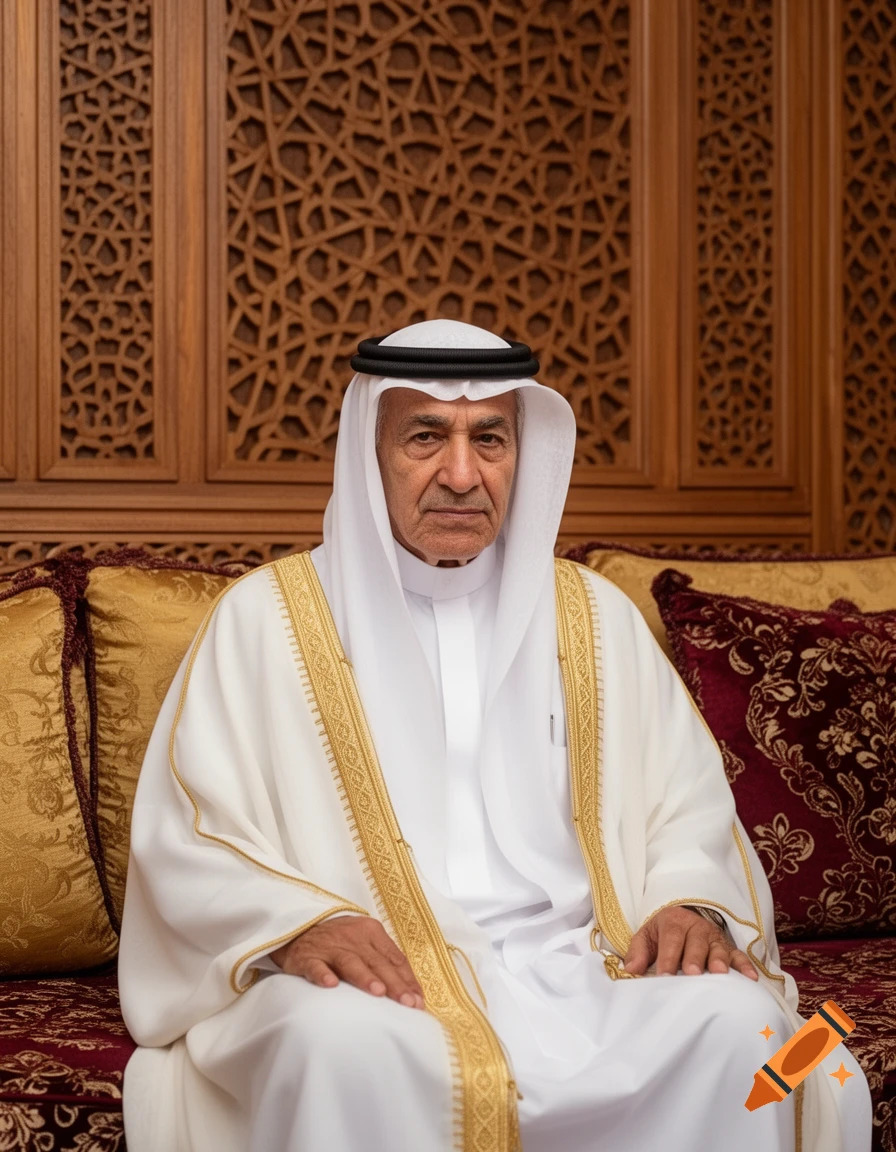 A man in a white thobe, ghutra, and agal sits on a patterned couch in front of carved wooden panels.