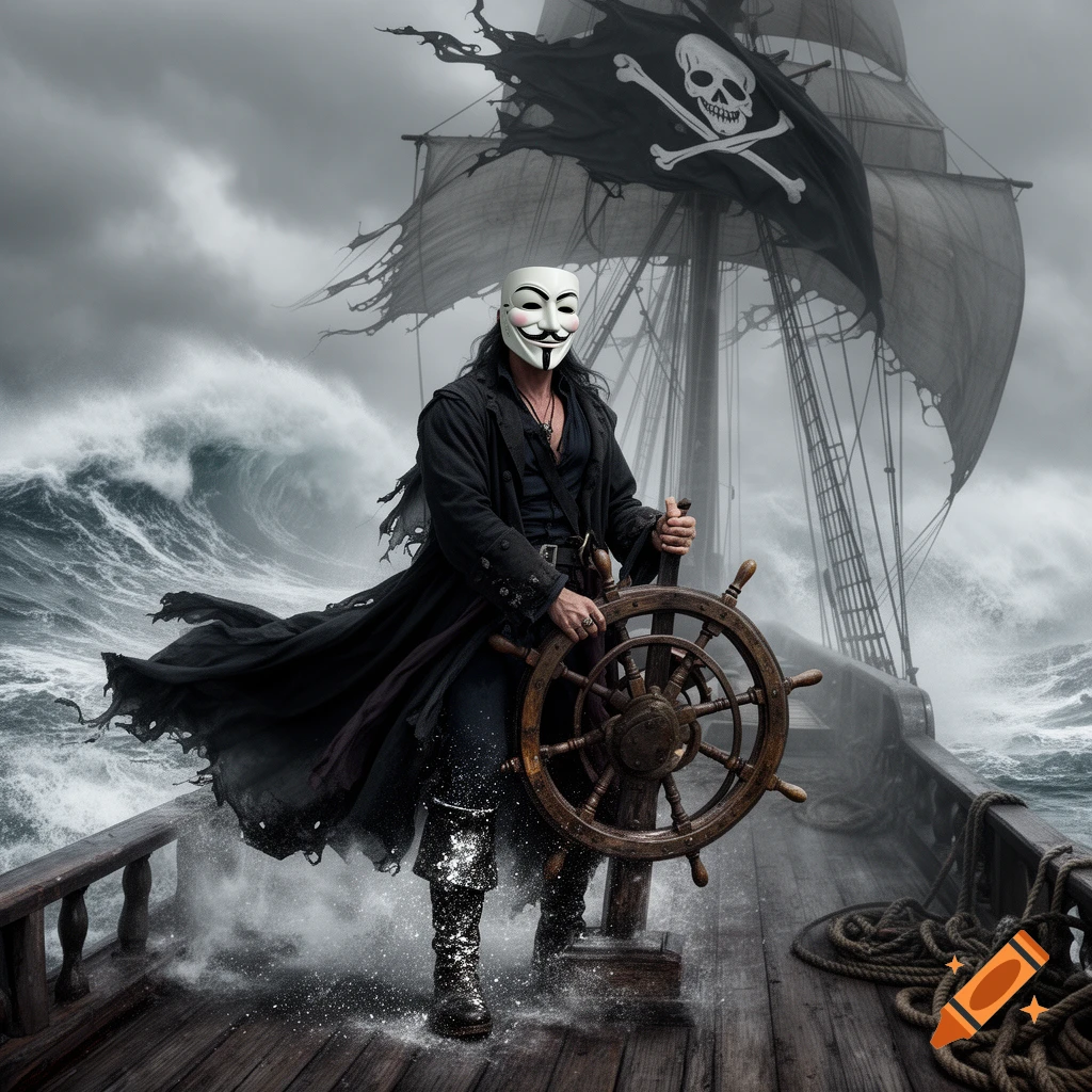 A person wearing an Anonymous mask steers a pirate ship through a stormy sea, with a tattered skull and crossbones flag flying.