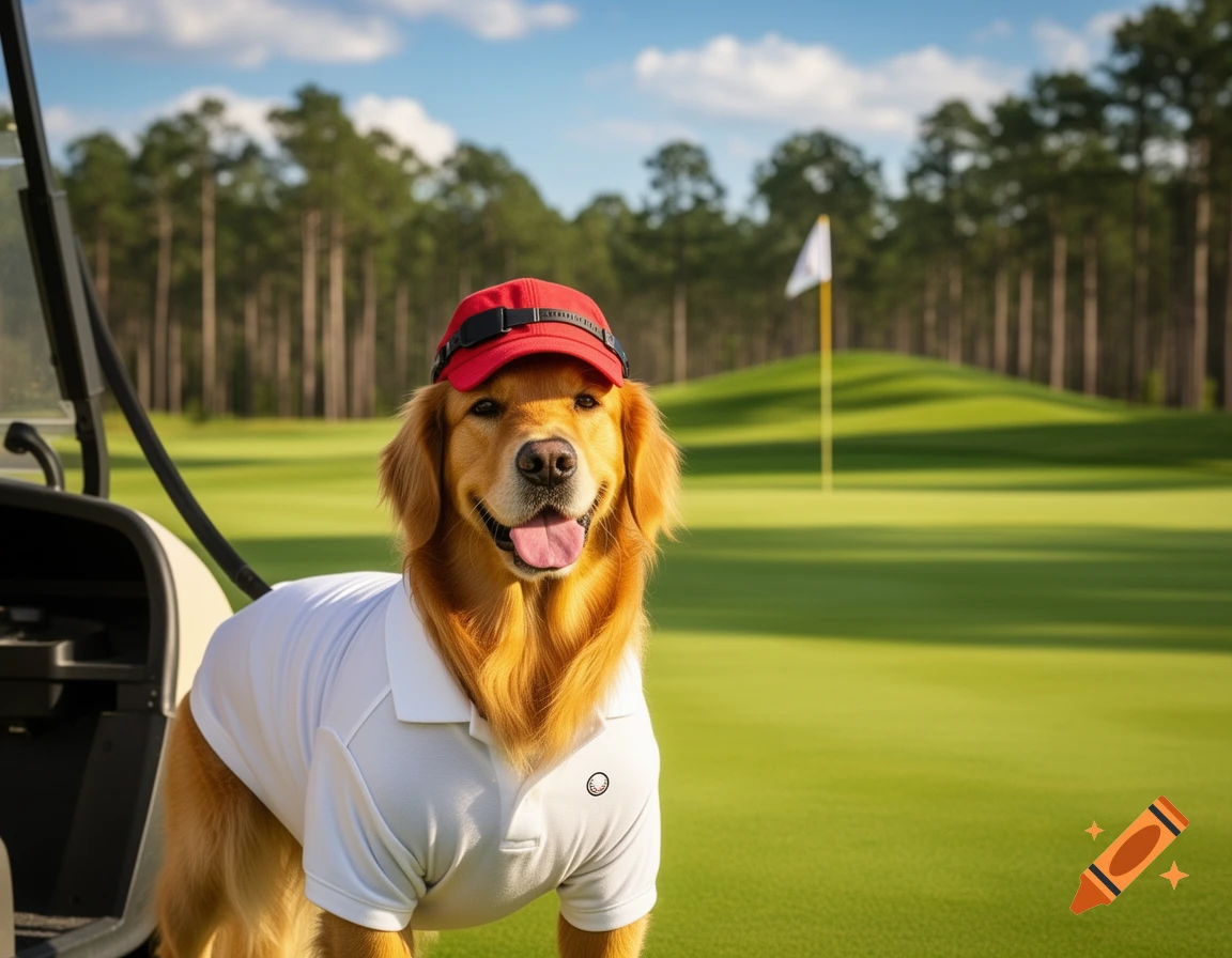 A golden retriever dog wearing a red cap and white polo shirt stands by a golf cart on a sunny golf course.