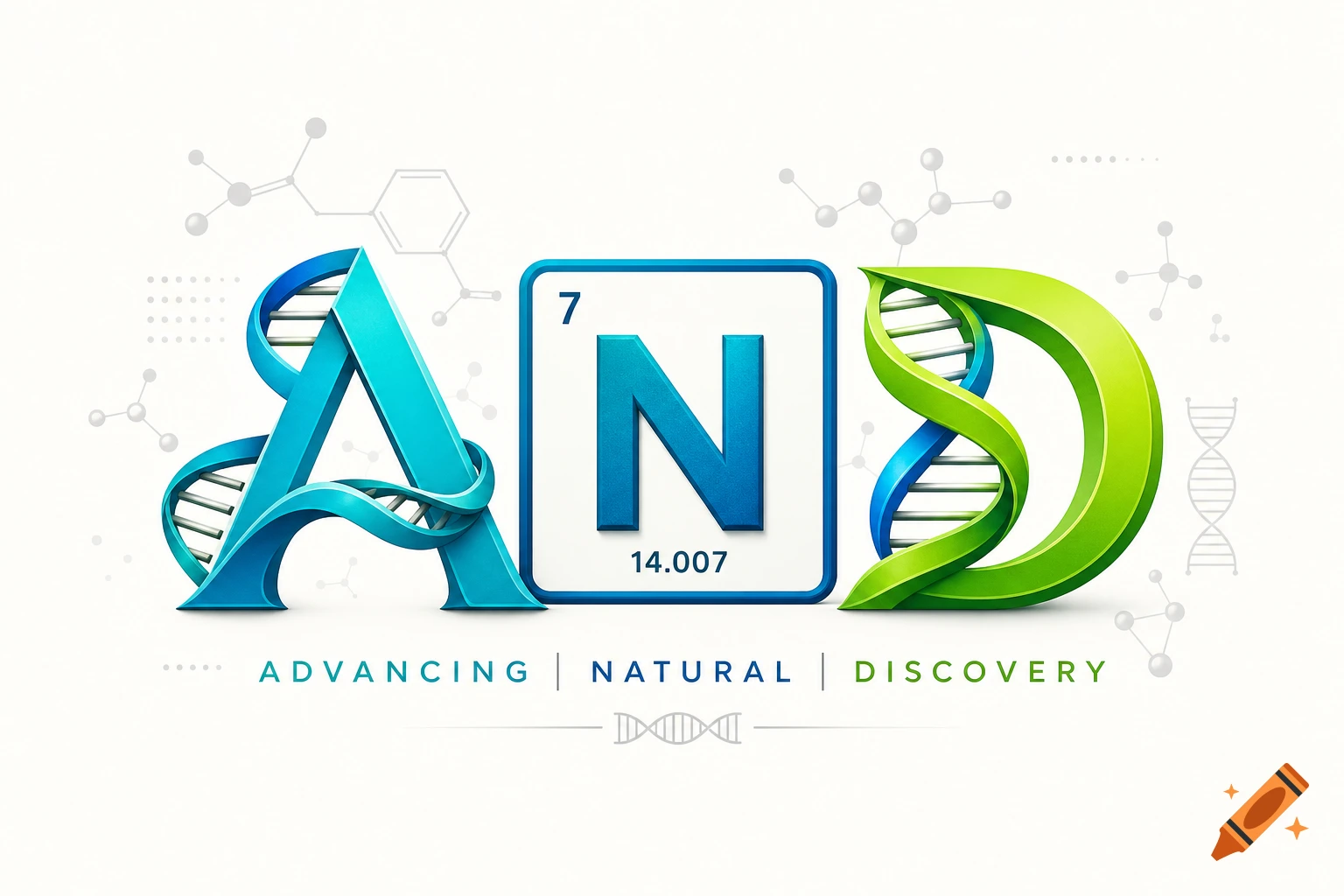 A 3D rendered logo for 'AND' with stylized letters. The 'A' and 'D' incorporate DNA helixes, while the 'N' is designed as a periodic table element for Nitrogen (7, 14.007). Below, the text 'ADVANCING | NATURAL | DISCOVERY' is displayed.
