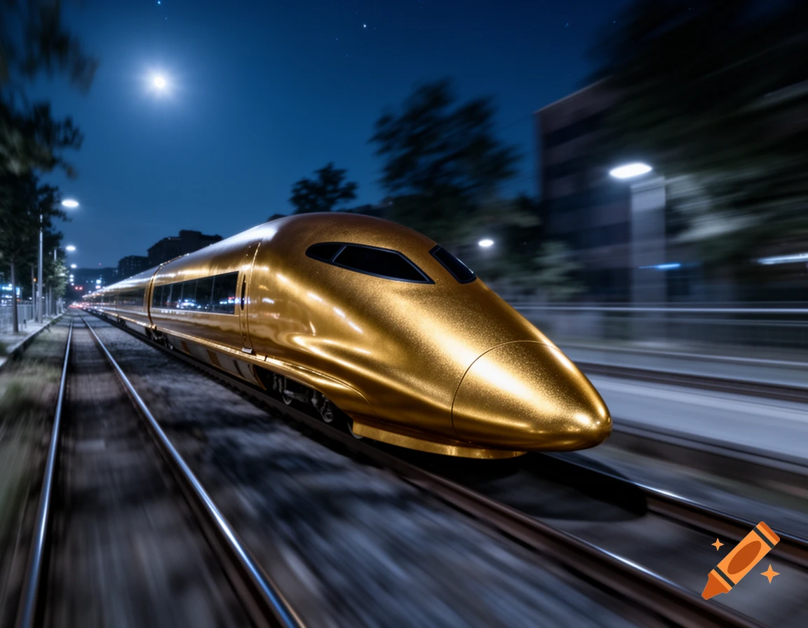 A golden high-speed train speeds down tracks at night, under a moonlit sky, with surrounding motion blur.
