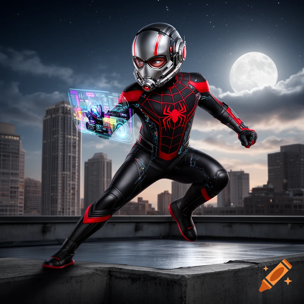 A superhero character, a mashup of Ant-Man and Miles Morales, crouches on a city rooftop at night, holding a glowing holographic display.