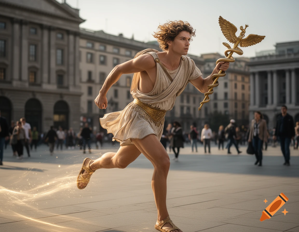 Photorealistic depiction of Hermes, a man in a toga and sandals, running through a city square with a golden caduceus and a magical trail.